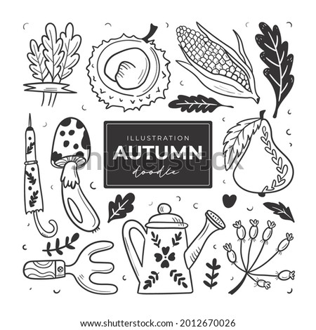 Hand drawn autumn doodle colorless illustrations. Set of cute vector objects: Leaves, chestnut, corn, umbrella, mushroom, pear, watering can, shoulder blade. 