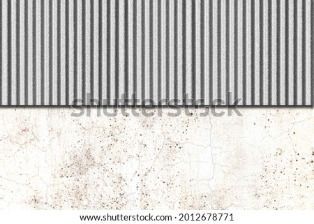 New corrugated silver galvanized fence and old white concrete wall pattern and background seamless