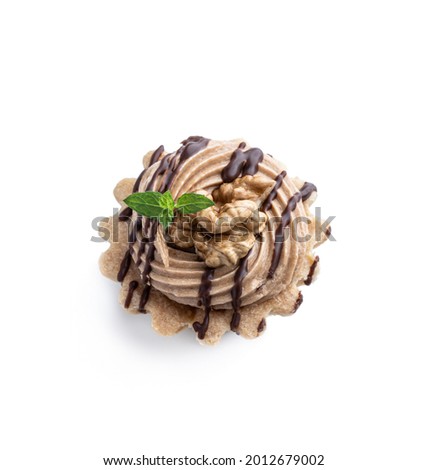 Shortcrust  pastry with whipped cream custard and walnut isolated on white 