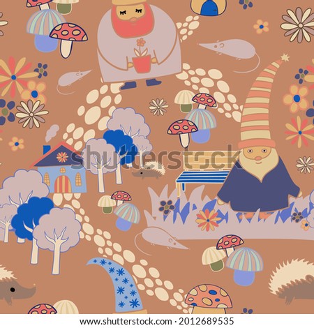 Seamless colorful vector illustration pattern of a gnomes with a houses in a forest in pastel tones. The design is perfect for textiles, wrapping paper, packaging, wallpaper, backgrounds.