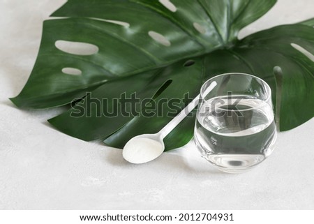 Collagen powder in a spoon and water on a gray background with a monstera leaf. Protein intake. Natural supplement for the beauty skin and healthy joints.