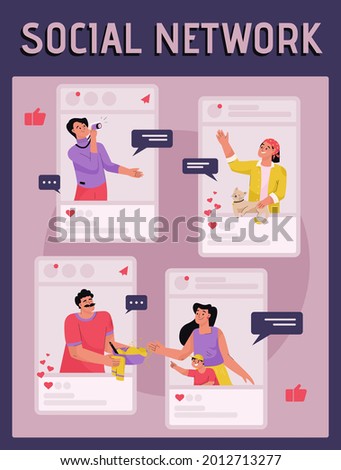 Vector poster of Social Network concept. Personal blogs of people. Men and women post their photos, comment, like, follow lives of friends, share posts. Character illustration of advertising banner