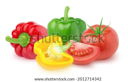 Vegetable composition: tomato and bell peppers on a white background. Clip art image for package design.