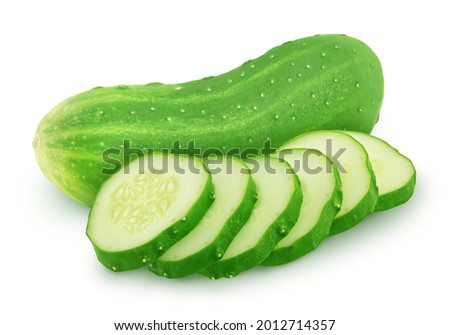 Sliced and whole cucumbers isolated on a white background. Clip art image for package design.