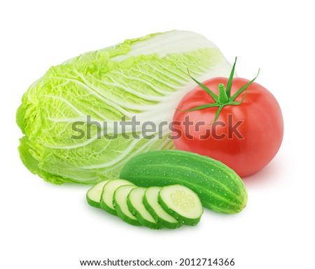 Vegetable composition: tomato, cucumber and Chinese cabbage on a white background. Clip art image for package design.