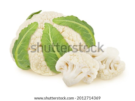 Fresh whole cauliflower with leaves isolated on a white background. Clip art image for package design.