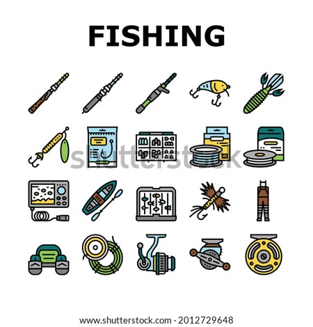 Fishing Shop Products Collection Icons Set Vector. Bait Cast Reel With Monofilament Line And Spinning, Kayak Boat And Weights Fishing Accessories Concept Linear Pictograms. Contour Color Illustrations