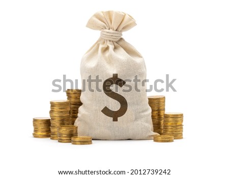 Money bag with dollar sign and stack of coins. isolated on white background. Royalty-Free Stock Photo #2012739242