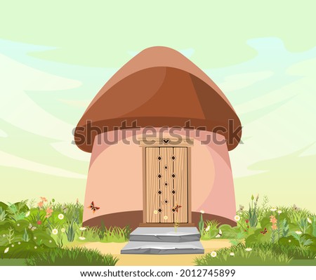 Fabulous funny house in clearing. Brown roof. Grass meadow. Beautiful cartoon landscape illustration. Wooden door. Cute baby picture. Vector