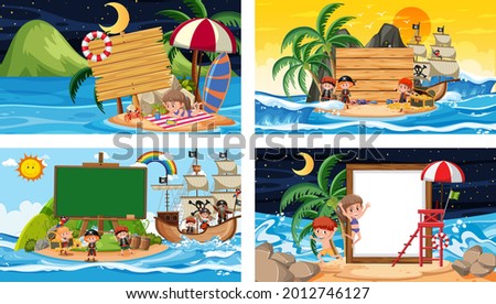 Set of different tropical beach scenes with blank banner illustration