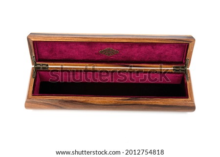 Empty Open wooden jewelry box with velvet lining and vintage accessories and Clipping Pathon white background. used for storing small things, Luxury packaging for anything.