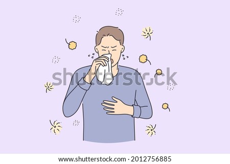 Allergy reaction, medicine and healthcare concept. Man cartoon character having pollen allergy with Runny nose and watery eye vector illustration  Royalty-Free Stock Photo #2012756885