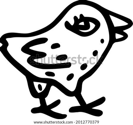 Doodle cute chicken. Cartoon baby bird. Hand-drawn funny big-eyed hen kid living in poultry farm. Black outline clipart of cheerful animal for kids. Small icon. Freehand illustration domestic fowl.