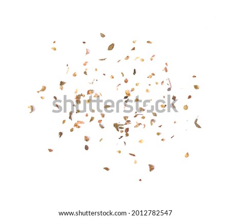 Pile of dried oregano leaves on a white background. Top view Royalty-Free Stock Photo #2012782547