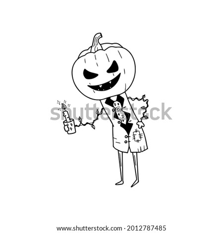 Cartoon halloween pumpkin in costume and candle in hand. Hand drawn isolated black and white outline vector illustration. Design for logo, icon, banner.