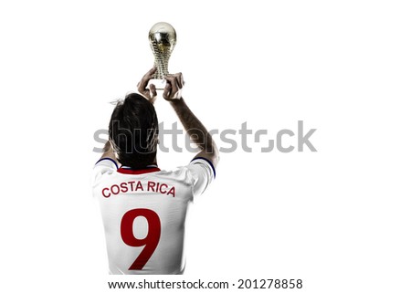 costa rican soccer player, celebrating the championship with a trophy in his hand. On a white background.