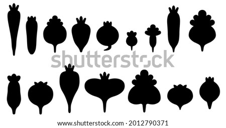 Silhouettes of vegetables. Root vegetables icons set. Black flat summer garden clipart images. Beets, turnips, radishes, rutabaga, daikon. Vector illustration of a farm harvest. Healthy food symbols.  Royalty-Free Stock Photo #2012790371