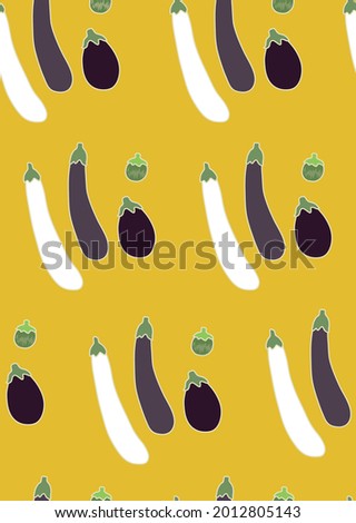 Different type of eggplants seamless pattern. Vegetables all over print. Hand drawn eggplants for invitations, greeting cards, posters with mustard yellow background. Vector illustration.