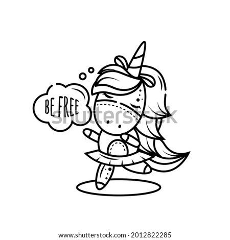 A cute pony unicorn girl dancing in a skirt. She happy and enjoys freedom. Isolated object on a white background. Outline icon, Coloring page for kids activity games. Doodle style.