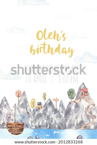 invitation card for children's party, landscape with sea and mountains, boat, houses and trees, watercolor illustration