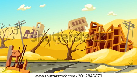 Destroyed buildings after sandstorm, earthquake, storm, tornado, natural disaster. Derelict broken houses in desert. Cartoon game landscape with mountains of sand.