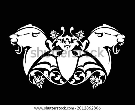 roaring panther head and heraldic shield among rose flower decor - black and white vector vintage style coat of arms design