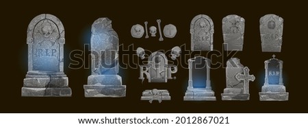 Halloween Elements and Objects for Design Projects. tombstones for Halloween. Ancient RIP. Grave on a dark background Royalty-Free Stock Photo #2012867021