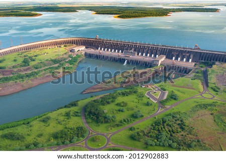 Aerial view of the Itaipu Hydroelectric Dam on the Parana River. Royalty-Free Stock Photo #2012902883