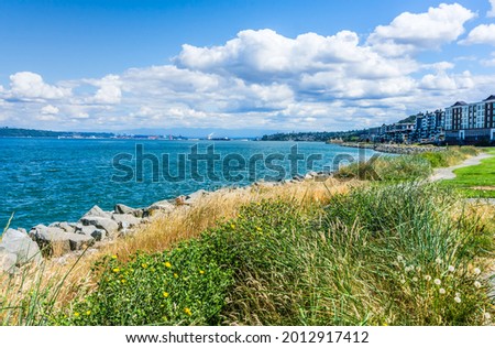 A scenic landscape photo of the shoreline in Ruston, Washington.