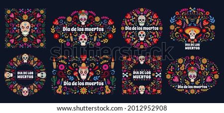 Dia de Los muertos banners. Day of the dead mexican sugar human head bones and flowers vector background set. Mexican dead day holiday cards. Death festival celebration with skulls Royalty-Free Stock Photo #2012952908