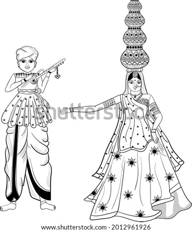 Indian wedding clip art of old ancient style wedding game Kathputli, man and women with water pots on her head black and white line drawing clip art illustration. 