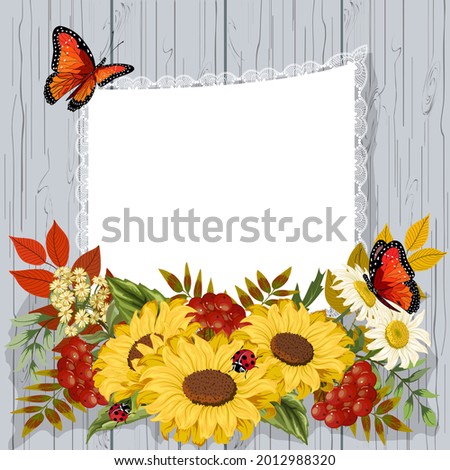 Illustration with sunflowers and berries.Sunflowers, berries, butterflies and frame in color vector illustration.