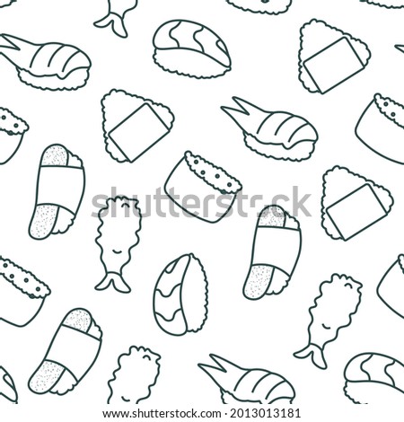 Vector seamless pattern with rolls, sushi. Beautiful food design elements. Linear texture. Vector flat illustration