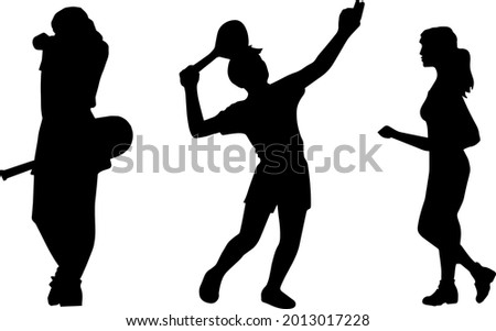 
Sportsmen, silhouettes, woman and boy are playing tennis.