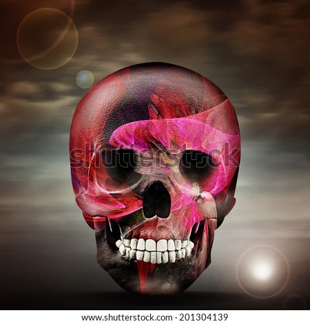 skull with sunset sky and clouds background 