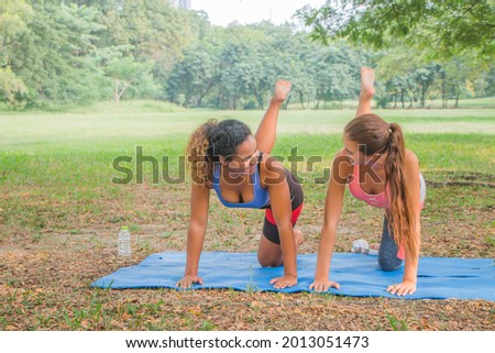 Fitness women practising yoga at a park. Women doing fitness workout in a park.