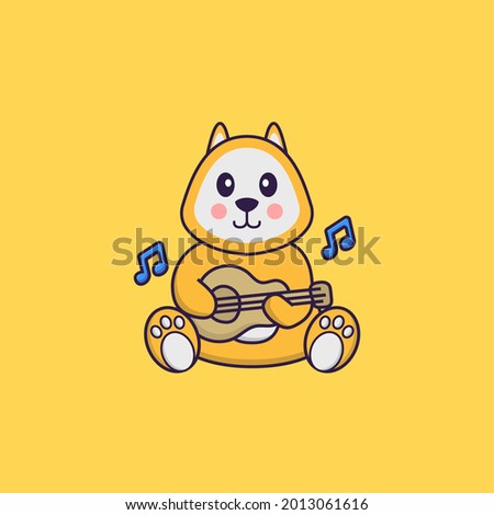 Cute dog playing guitar. Animal cartoon concept isolated. Can used for t-shirt, greeting card, invitation card or mascot.