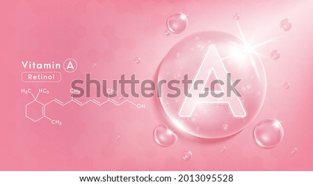 Drop water vitamin A pink and structure. Vitamin complex with Chemical formula from nature. Beauty treatment nutrition skin care design. Medical and scientific concepts. 3D Realistic Vector EPS10. Royalty-Free Stock Photo #2013095528