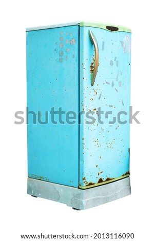 Light blue old refrigerator isolated on a white background. with clipping path. Royalty-Free Stock Photo #2013116090
