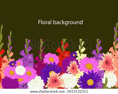 Floral background on a black background. asters, gladioli, autumn flowers for a postcard, banner, poster. Colored flat illustration.