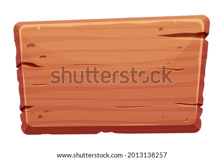 Wood sign, banner, wooden empty plank in cartoon style isolated on white background. Game assets, ui element. Textured material, frame for massage, decoration. 