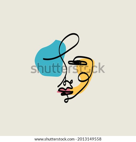 one line women face portrait, contemporary abstract colorful shapes. Cubism face. Design promotion, poster, web, artboard