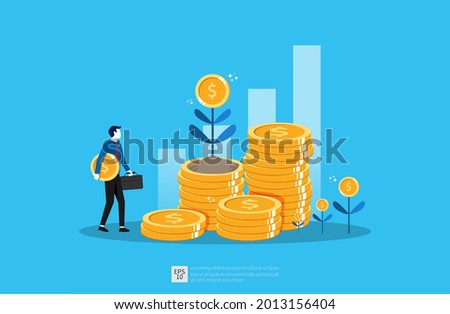 Business growth illustration for smart investment concept. Profit performance or income with pile coins and plant of money symbol Royalty-Free Stock Photo #2013156404