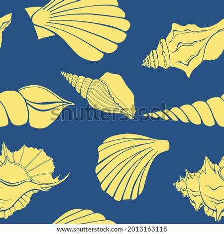 Modern flat outline sea shells, bubbles seamless pattern for fabric, textile, apparel, interior, stationery, wrapping paper, scrapbooking. Trendy marine endless texture. Exotic ocean shells contours.