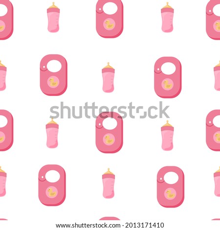 pattern for baby in pink shades bib with a duck and a feeding bottle on a transparent background
