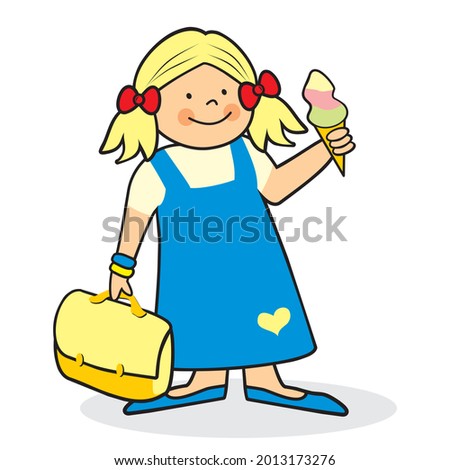 girl with ice cream and school bag, cute vector illustration, blue dress
