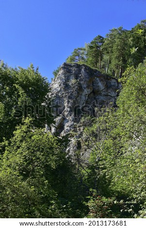 Panorama of the Ermak stone from the motorway on the right bank of the Sylva river in the Kungur district of the Perm region