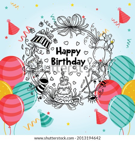 Happy Birthday vector design for greeting cards,Birthday card, invitation card.Isolated birthday text, celebration and party background with colorful flying balloons.Hand drawn invitation illustration