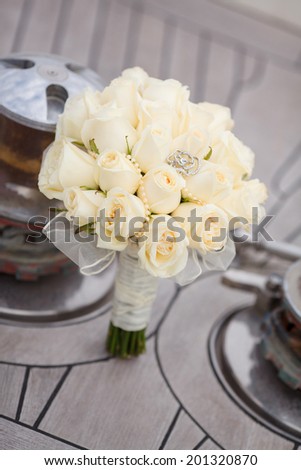 Wedding flowers bouquet of white roses, Bride bouquet. Wedding decoration. Soft focus. isolated closeup