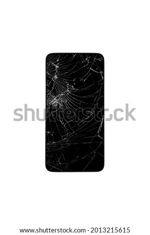 mobile phone with a broken screen isolated on a white background top view